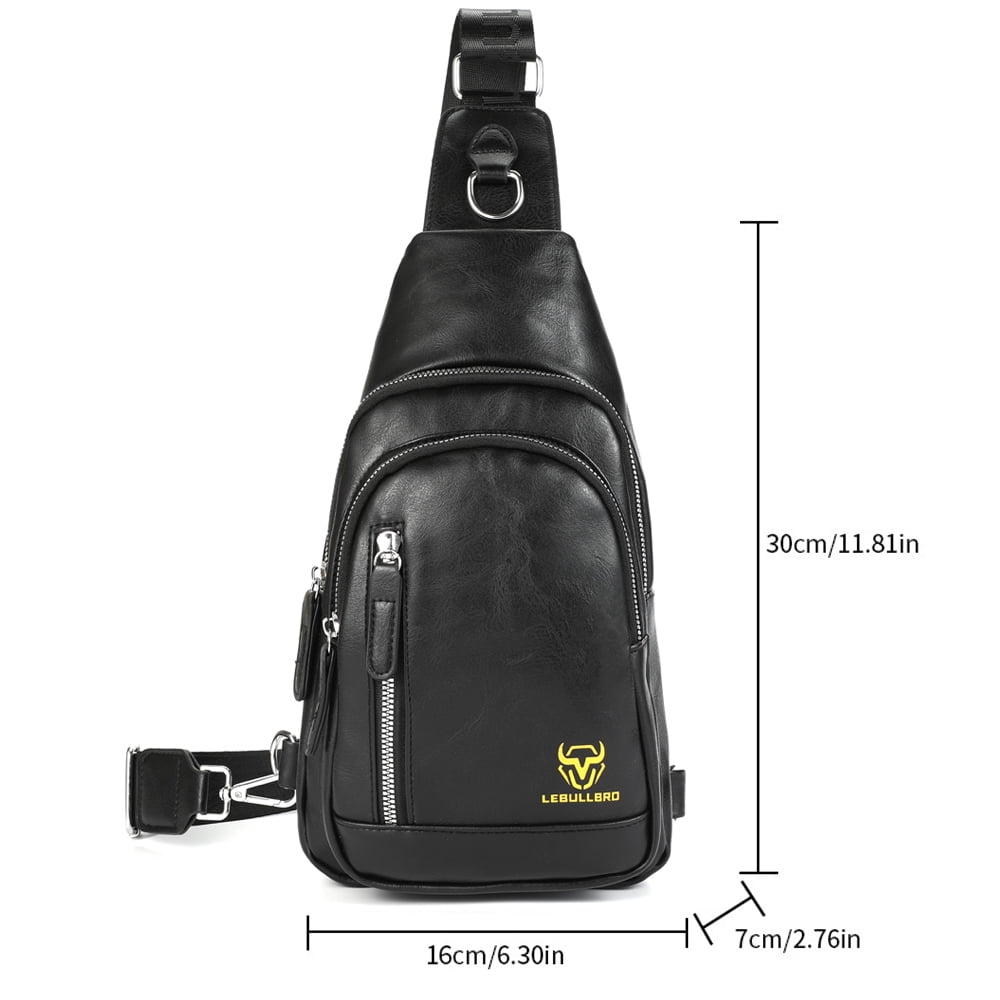 LEBULLBRO Sling Bag for Men Soft Leather Chest Bag Crossbody Backpack Travel Hiking Outdoor Sports Black