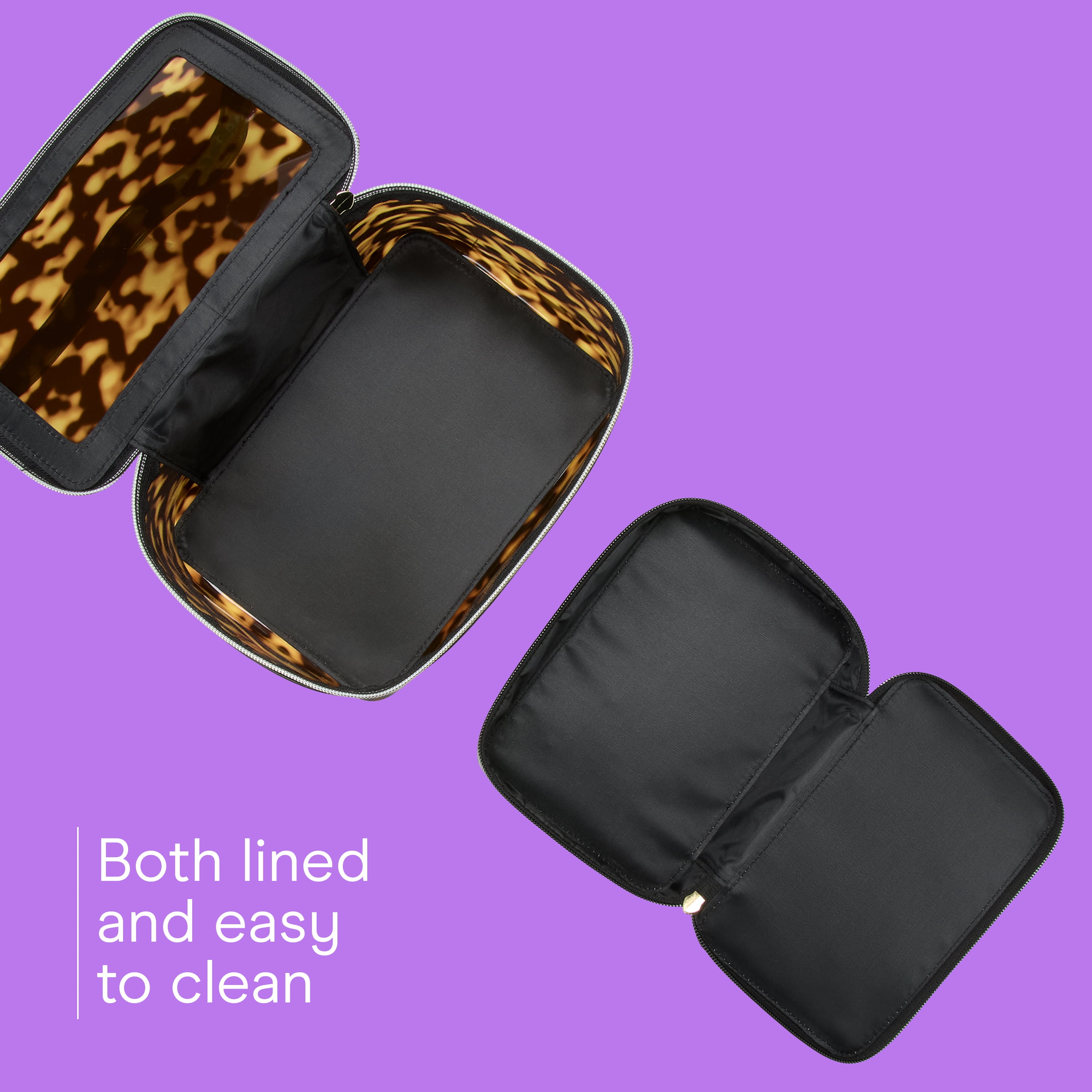 Conair Tortoise Train Case, Travel Makeup Bag with Faux Leather Pouch, 2-Piece Set