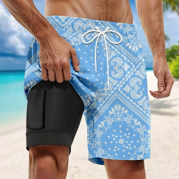 WILLBEST Pantalones Cortos Casuales de Verano para Hombre, Pantalones Cortos de Playa con Doble Capa Interior y Estampado de Moda con Bolsillo