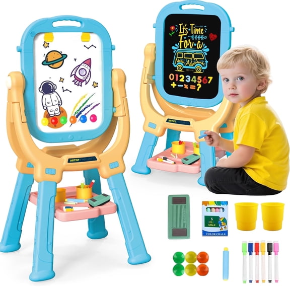 LINXUXIE 2-in-1 Kids Art Easel, Adjustable Standing Double-Sided Whiteboard & Chalkboard with Painting Accessories, Gifts for 3-12 Year Old Girls & Boys