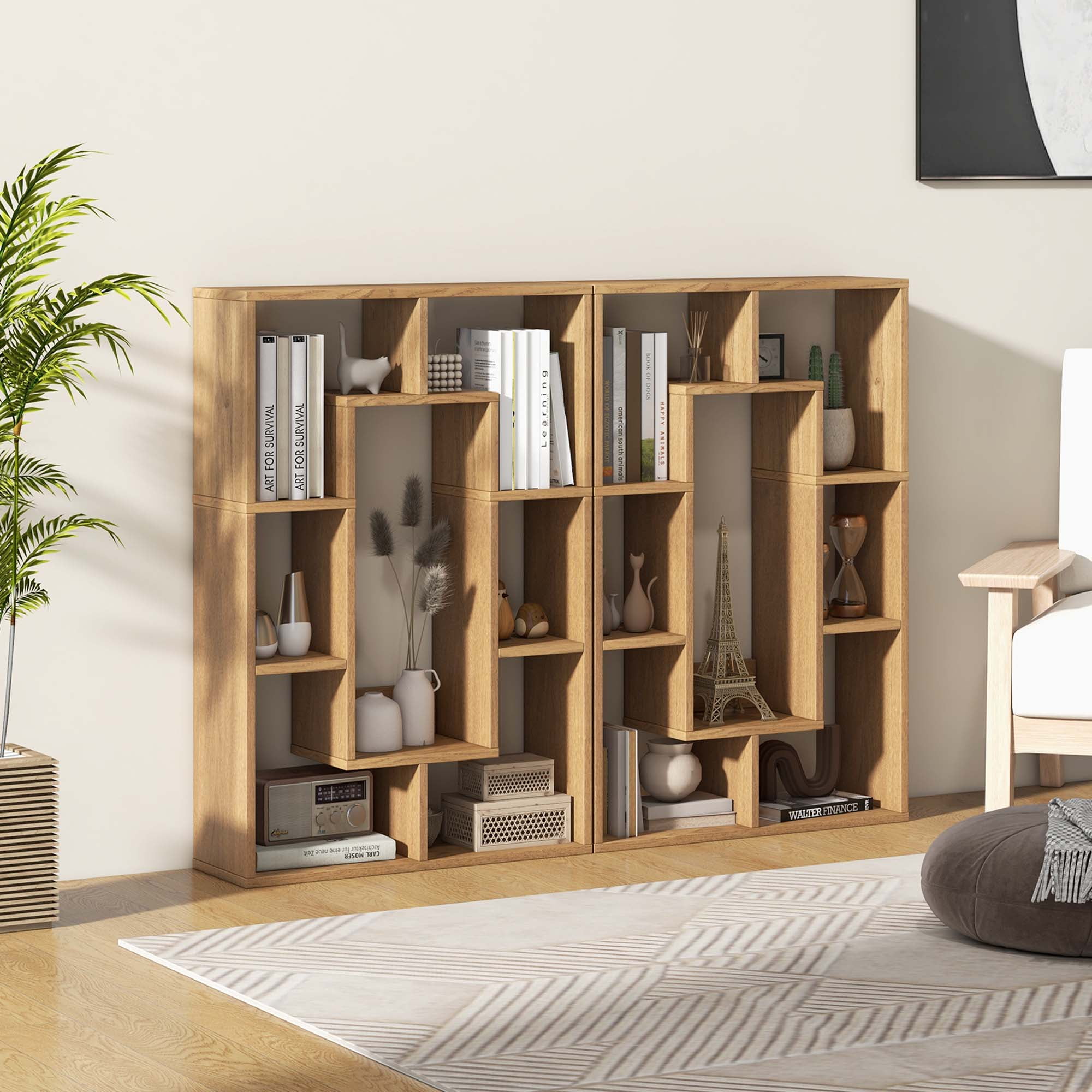 Costway 7-Cube Geometric Bookshelf with Anti-Toppling Device Modern Open Bookcase Natural