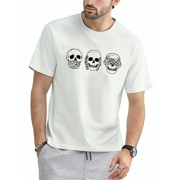 Lifestyle Graphic playera de manga corta estándar para hombreMen's Skull Print Round Neck Short Sleeve T-shirt, Gothic Casual Fashion Graphic Loungewear Pajamas Top For Summer Tee For Adult, Men, W