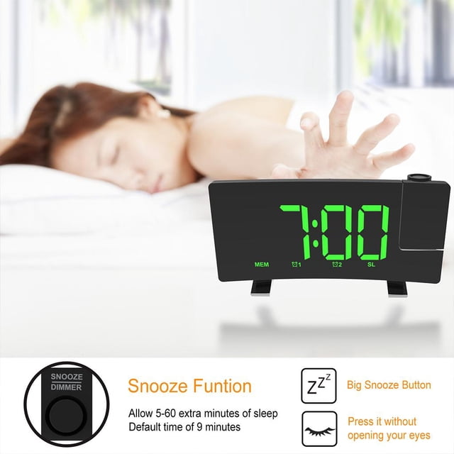 Reloj de alarma digital Macarena Reloj Radio Digital Dimmer Proyección Curvada Pantalla Dual Snooze LED Desktop FM Radio