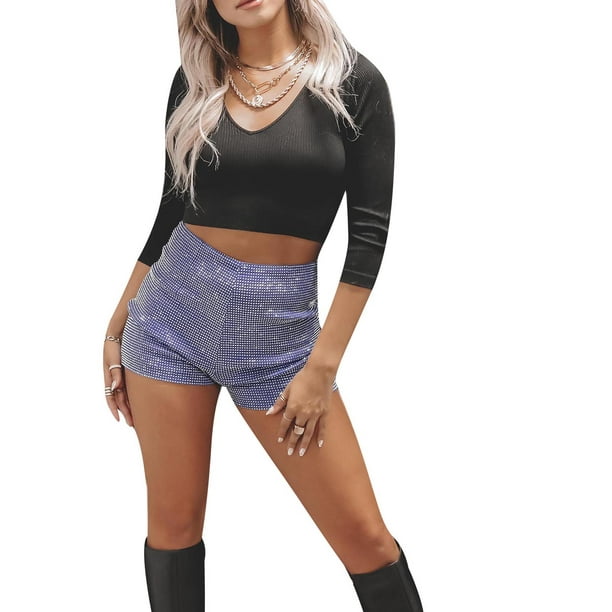 Women Sparkle Mini Shorts Sequins Party High Waist Glitter Sexy Biker Shorts Clubwear Bottoms