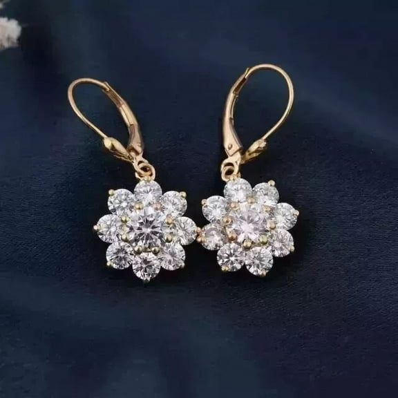 2.00 CT Round Cut Moissanite Flower Drop Dangle Earrings 14K Yellow Gold Plated