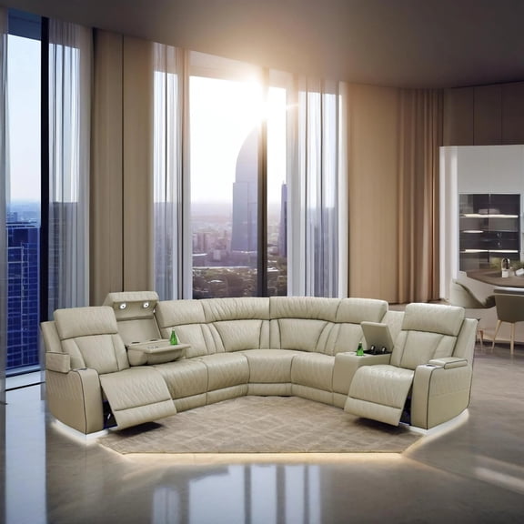 Beige Breathing Leather 3-Piece Living Room Recliner Sofa Set