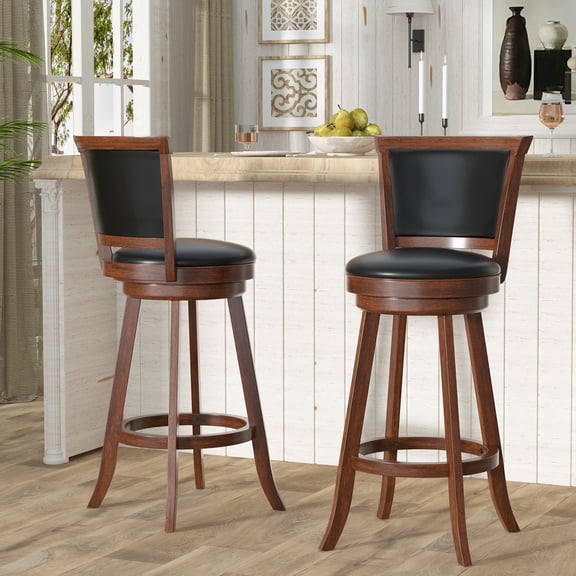 Bar Stools with Swivel Function, 29 inch High Back Counter Stools, Faux Leather Upholstered Seat, Solid Wood Legs, Kitchen Island Chairs, Set of 2, Brown