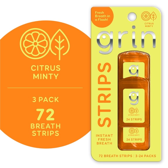 Grin Strips Breath Strips, Citrus Minty, Instant Fresh Breath, Dissolves Instantly on Your Tongue, Sugar-free and Calorie-free, No Artificial Colors, 72 Breath Strips (3-24 Packs), Pocket-Sized Pack