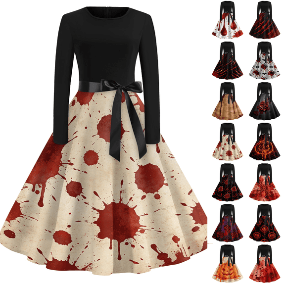 Halloween Costumes Long Sleeve Dresses for Women Party Vintage Pumpkin A Line Halloween Floral Printed Clothing Complexion L