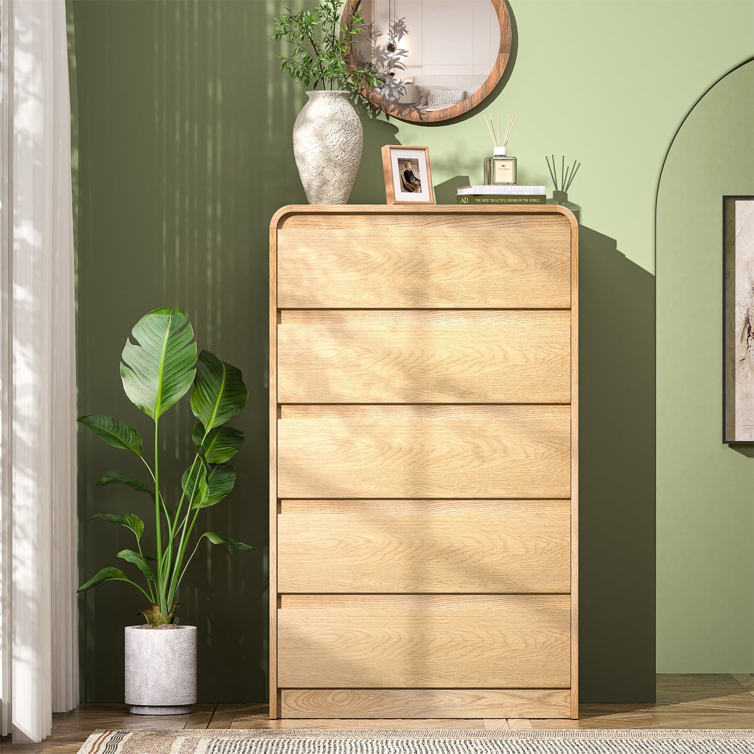Hommoo BEROXII 45" Tall 5-Drawer Wood Dresser, Modern Curved Mid-Century Chest of Drawers for Bedroom, Living Room & Hallway, Natural