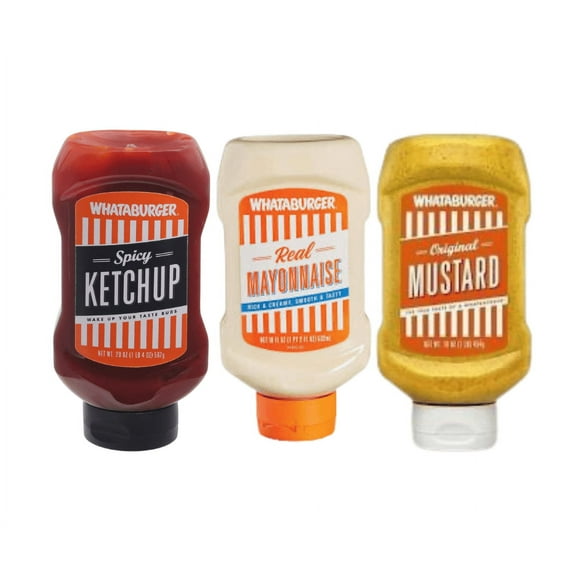 Whataburger Spicy Ketchup, Mustard, Mayo (Pack of 1 Each)