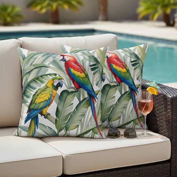 Tropical Parrots Outdoor Pillow Covers 18x18 Inch Throw Pillow Covers Set of 2 Waterproof Decorative Pillow Cases Summer Watercolor Green Leaves Plant Cushion Covers for Patio Furniture Garden Couch