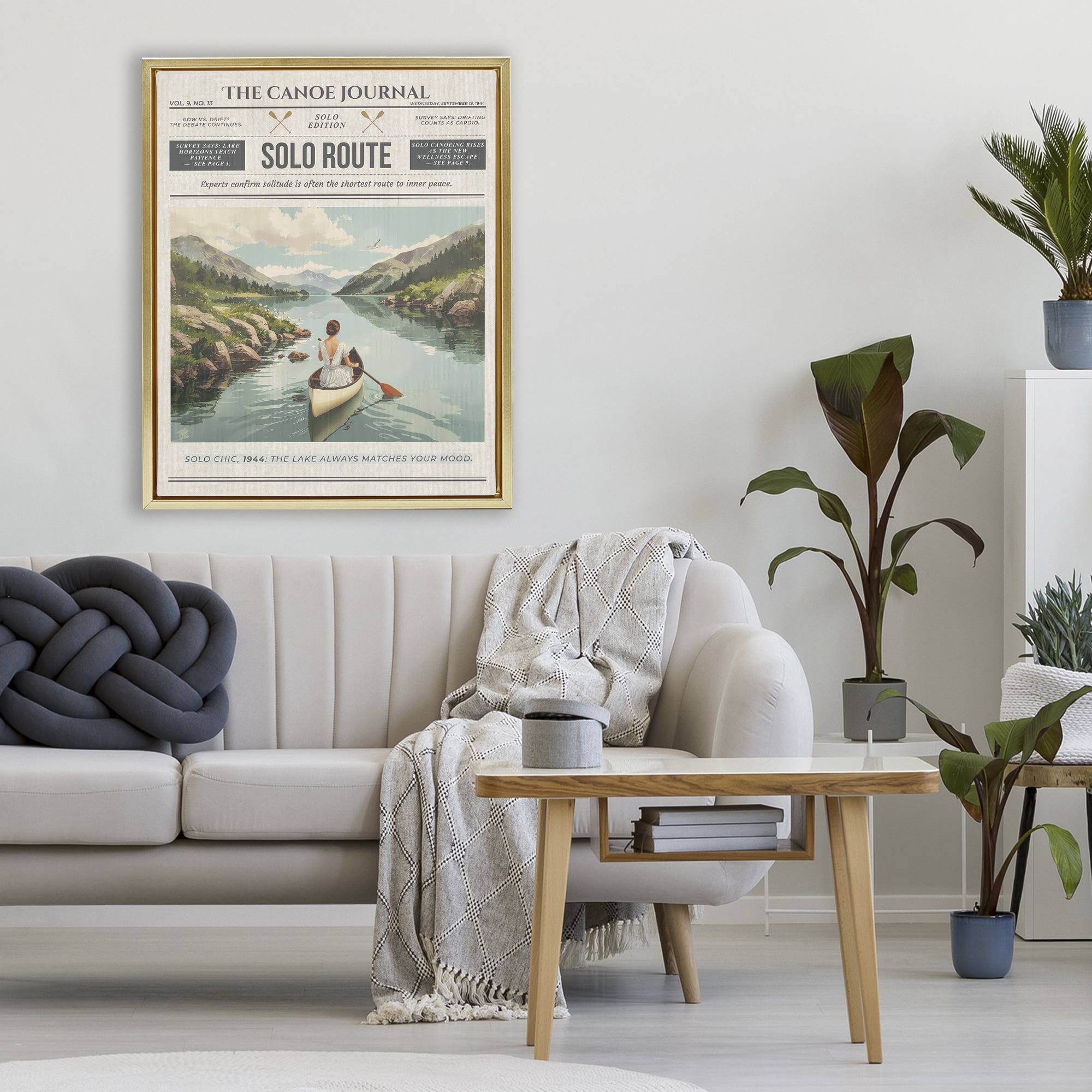 Stupell Industries Canoe Journal Newspaper Gold Framed Floater Canvas Wall Art, design by A Barefoot Stylist
