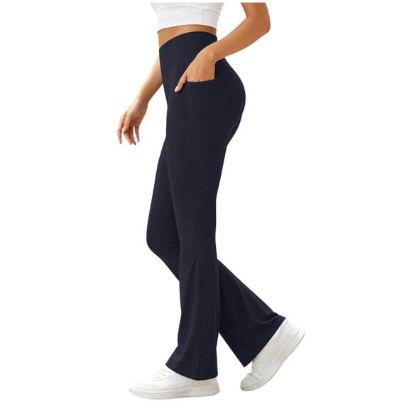 Mifsaly Flare Yoga Pants for Women with Pockets High Waisted Stretch Bootcut Leggings Soft Breathable Gym Running Athletic Workout Outfits Navy,XL