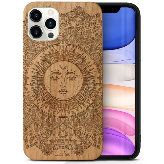 Case Yard Wooden Case Outside Soft TPU Silicone, Slim Fit Shockproof Wood Protective Phone Cover for Girls Boys Men and Women, Supports Wireless Charging Sun Mandala Design case for iPhone-12/12-Pro