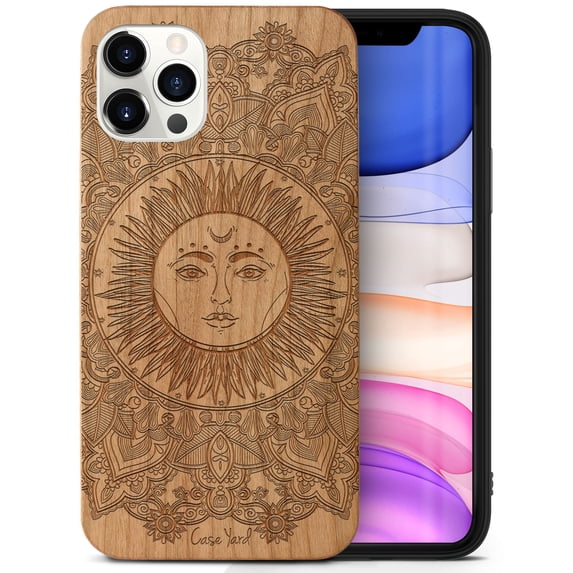 Case Yard Wooden Case Outside Soft TPU Silicone, Slim Fit Shockproof Wood Protective Phone Cover for Girls Boys Men and Women, Supports Wireless Charging Sun Mandala Design case for iPhone-11-Pro-Max