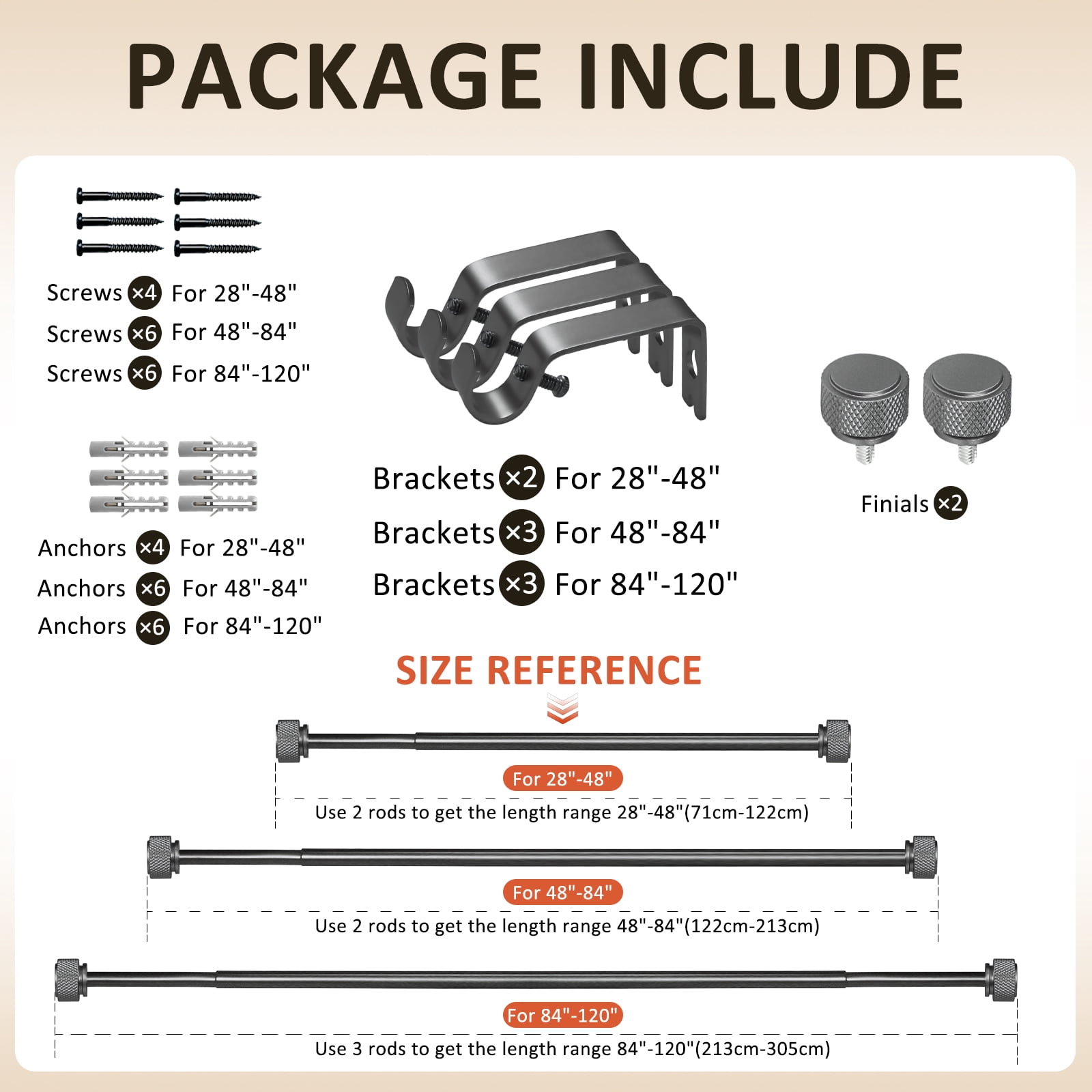 Ridicili 5/8 Inch Adjustable Single Drapery Curtain Rod Set with Rhombus Cylinder Finials, 28"-48", Gun Metal