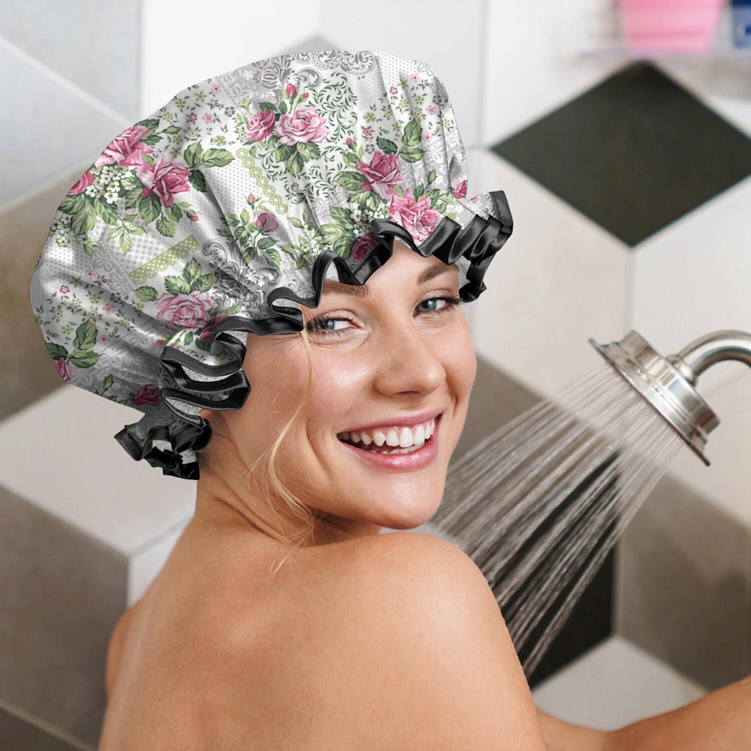 Shower Caps,Pioneer Flower Floral Print Pattern Waterproof Shower Cap for Women 4 Pieces,Double Reusable Hair Cover for Shower PEVA Elastic Stretch Hem