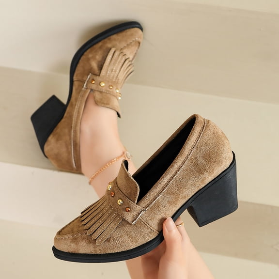 Viluyesy Women's Suede Loafers Block Heel Tassel Slip On Comfortable Casual Work Dress Shoes Khaki Size 6.5