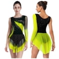 thumbnail image 2 of Aislor Women's Figure Ice Skating Dress Long Sleeve Rhinestones Irregular Mesh Bodysuit Ballet Dance Costume Yellow 3XL, 2 of 7