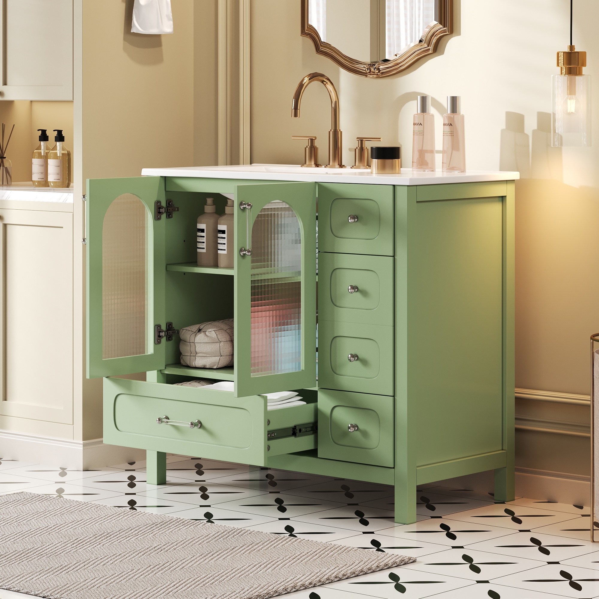 Euroco Modern Turquoise Bathroom Vanity with Waffle Glass Doors, 4 Drawers, Adjustable Shelf, and Soft-Close Hinges – Fits 8-Inch Faucet