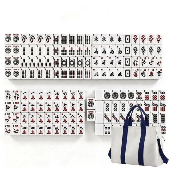 American Mahjong Set 166 Tiles with Arabic Numbers Canvas Carrying Tote Bag Blue and White