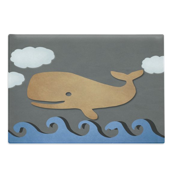 Whale Cutting Board, Wooden Like Design Whale on the Air Paper Based Mammal Image Print, Decorative Tempered Glass Cutting and Serving Board, Large Size, Grey Blue and Brown, by Ambesonne