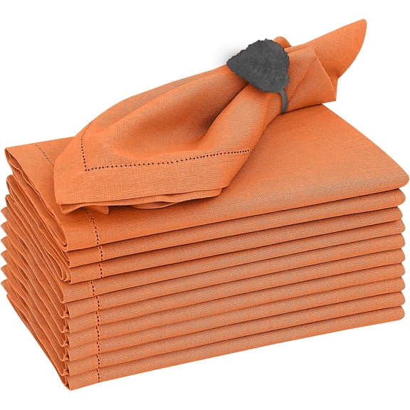 Premium Linen Napkins Set of 12-20x20 Inch, Classic Hemstitch, Mitered Corner Cloth Napkins - Soft, Elegant Dinner Napkins Cloth Washable for Weddings, Parties, Everyday Use - Fall/Orange