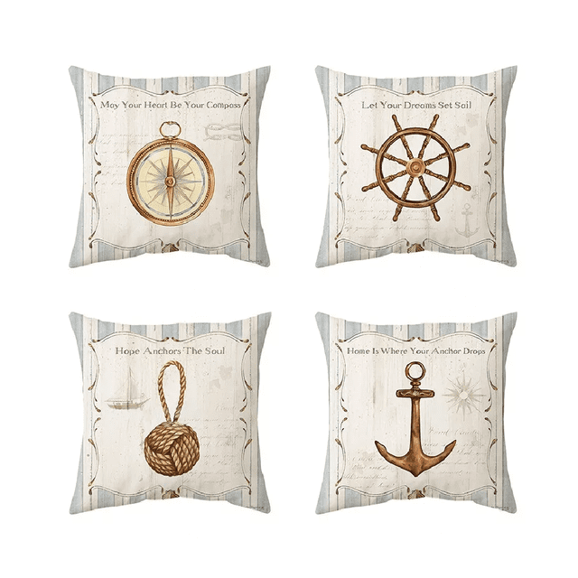 Fundas De Cojines De Algodón Y Lino Timón Ancla Doble Lado 4 Pz Diseño Barco