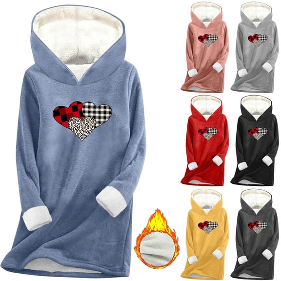 Feancey Women's Fleece Lined Hoodies Trendy Heart Print Hooded Sweatshirts Long Sleeve Casual Thermal Pullover Tops Cozy Soft Christmas Pajamas Black L