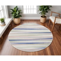 HomeRoots 552335 8 ft. Striped Round Rug, Ivory, Tan & Blue