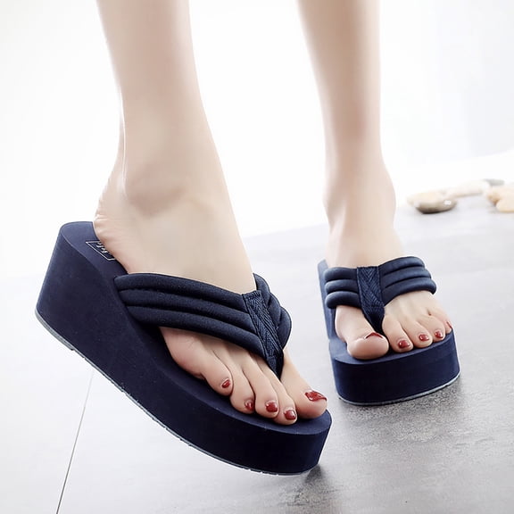 Women's Platform Wedge Flip Flops Non-slip Heeled Summer Beach Casual Footwear Blue 35