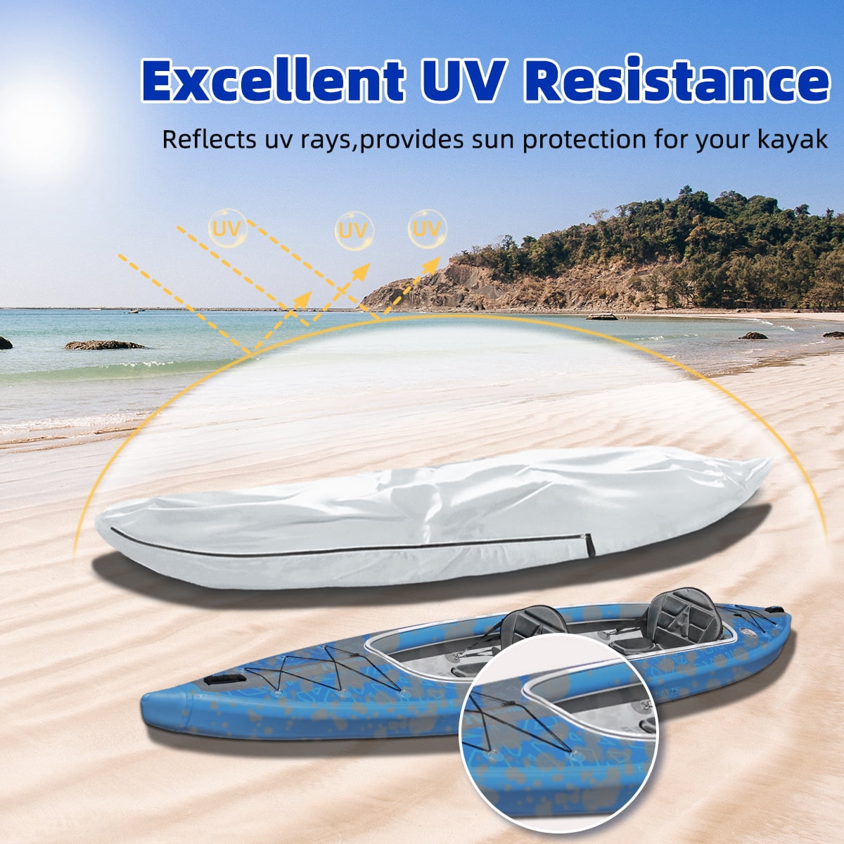 Seapisode UPF 50+ Kayak Cover, Waterproof Boat Cover for Fishing Boat/Kayak/Canoe, 420D Paddleboard Cover, Canoe Covers for Outdoor Storage Fit 12ft Kayak, Silver