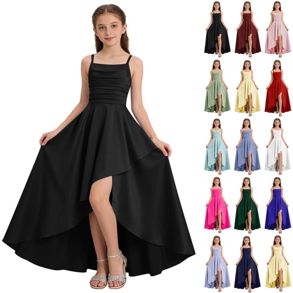 Girls Formal Dresses Maxi Wedding Gown Ruffle Square Neck Spaghetti Strap Satin Dresses Elegant Flowy Birthday Party Dress 2026 Casual Sleeveless Sundresses 5-14 Years