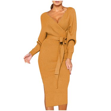 Awdenio Sweater Dress Women's Fashion Knitted Long Sleeve V-Neck Sexy Hip Wrap Warm Long Dress