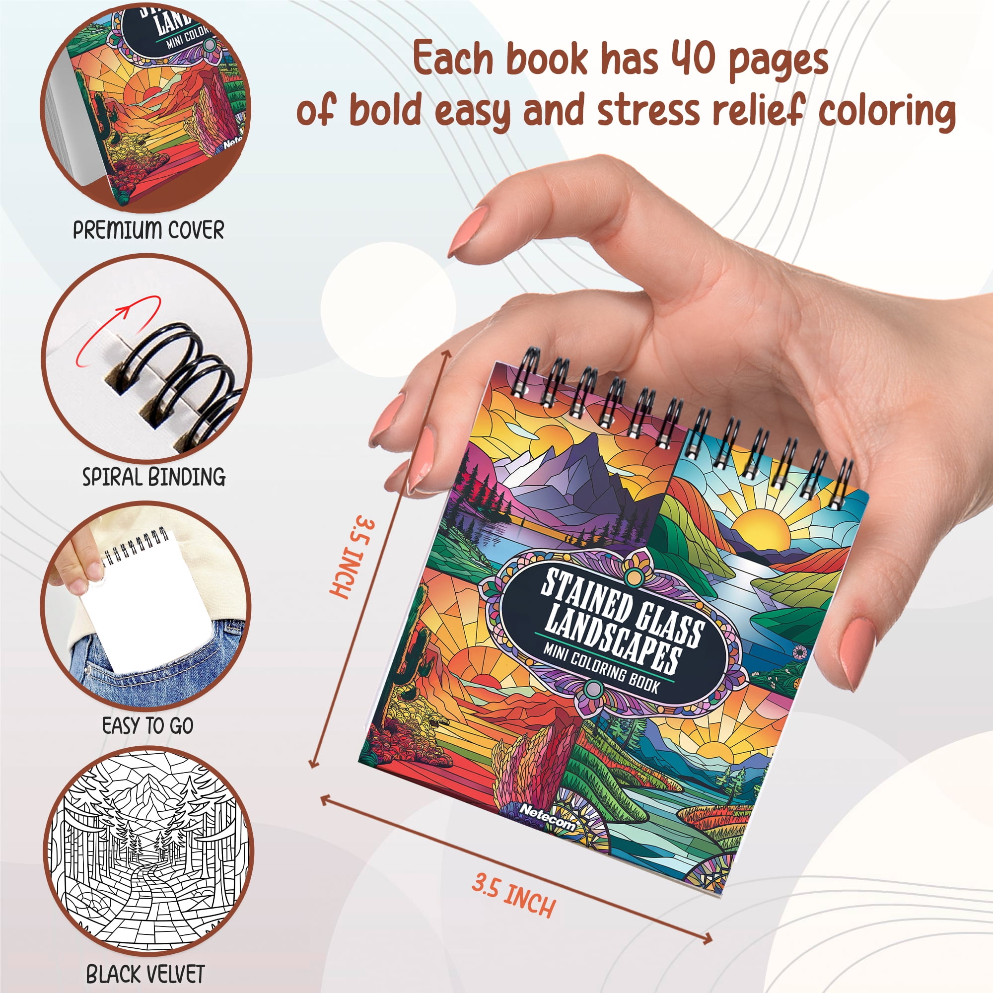 Stained Glass Mini Coloring Book Spiral Bound for Adult, Pack 6, 3.5” x 3.5” Pocket Size, 40 Coloring Pages Stress & Anxiety Relief, Travel for Women Men