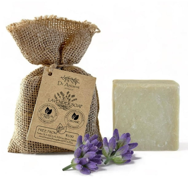Dr.Ancient Barra de jabón de lavanda Orgánico Natural Vegano Tradicional Hecho a mano Antiguo - Limpiador desmaquillante para la piel - ¡Absolutamente sin productos químicos! ¡Jabón Puro Natural!