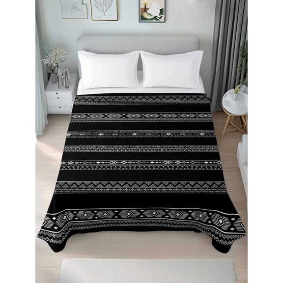 Black White Geometric Twim XL Size Flat Sheet, Wrinkleproof & Fadeproof Cooling Flat Bed Sheet Only, Modern Striped Plaid Abstract Art Breathable Soft Bedding Top Sheets 66 x 102 Inches