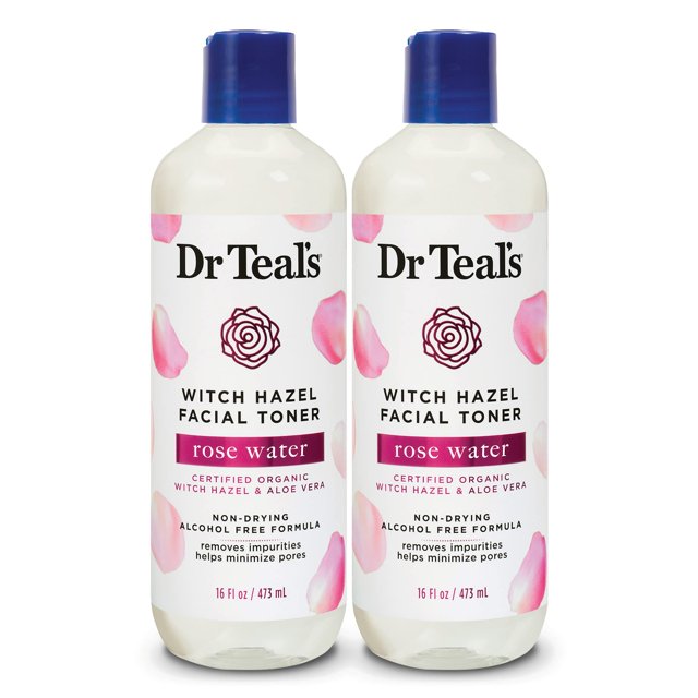 tónico facial dr. teal's witch hazel rose water 480 ml (paquete de 2) Dos botellas frontales, vista centrada; envases translúcidos con tapas azul oscuro, etiquetas blancas con logo Dr Teal's, pétalos rosados y texto 'witch hazel facial toner' y 'rose water', indicado para uso diario como tónico facial.