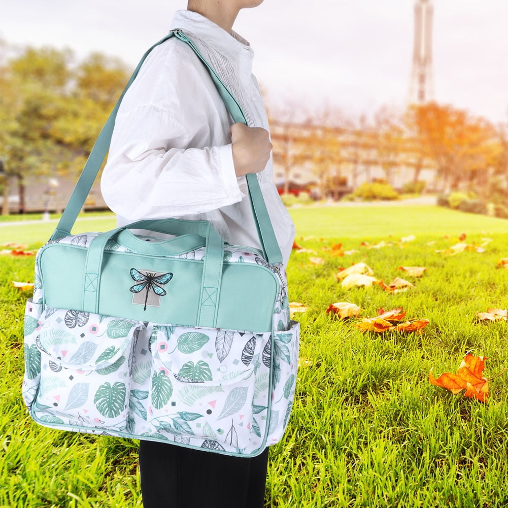 NFTIGB Waterproof Nylon Diaper Bag Messenger Tote for Baby Boys & Girls, Large Capacity Travel Mummy Bag with Fresh Green Leaves Print, 15.75 inches / 40 cm, Green