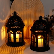 JHY DESIGN Medium Vintage Candle Holder Lantern, Decorative Outdoor Lantern, Metal Hanging Lantern with Tempered Glass (Black)