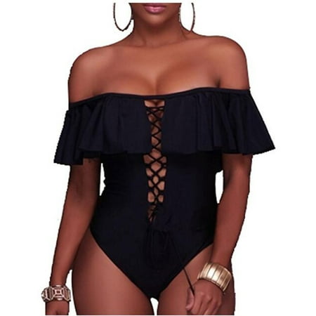 Women's Sexy Off Shoulder Lace up One-Piece Swimsuit Flounce Ruffled Swimwear Black (Best Swimsuits For Small Breasts)