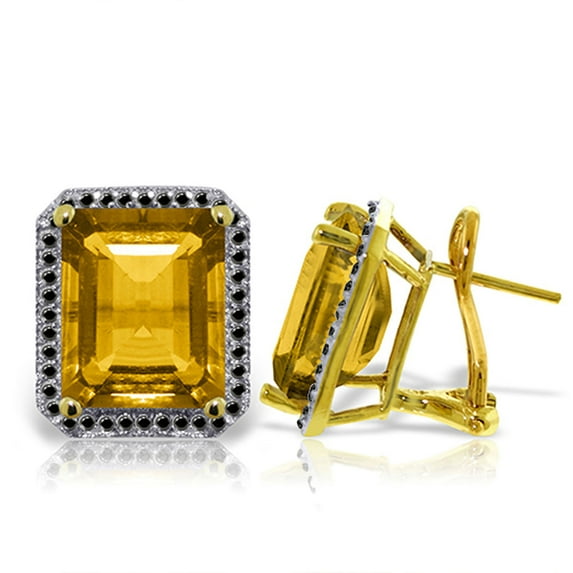 Galaxy Gold 14k Yellow Gold French Clips Earring with Natural Black Diamonds and Octagon Shaped Citrines