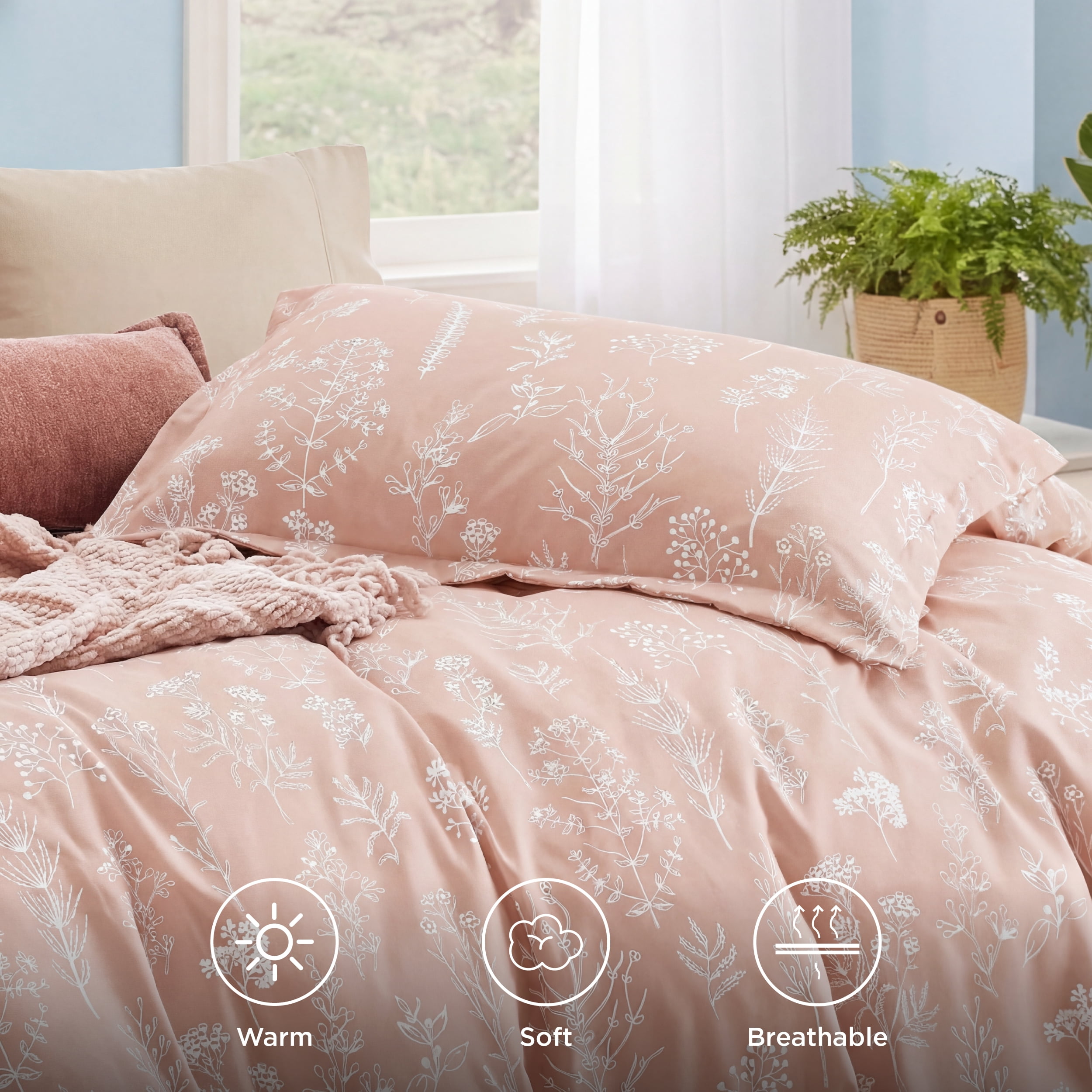 U by Bedsure 3 Pieces Dusty Rose Floral Comforter Sets, 1 Soft Reversible Botanical Flowers Comforter and 2 Pillow Shams, Queen Size