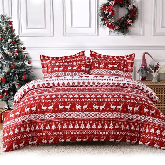 Juego de funda nórdica navideña reversible – Diseño de renos y árboles, microfibra suave roja, incluye 2 fundas de almohada – Decoración invernal – Tamaño King 106"x90"; fundas 20"x36"(2)