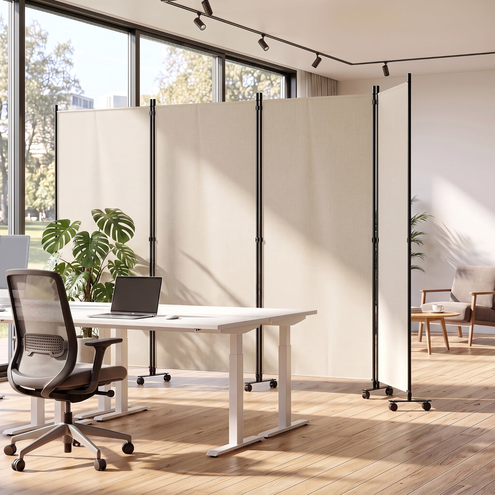Vebreda 4-Panel Rolling Room Divider Folding Privacy Screen with Lockable Wheels, Freestanding Fabric Partition for Bedroom Office Dorm, White