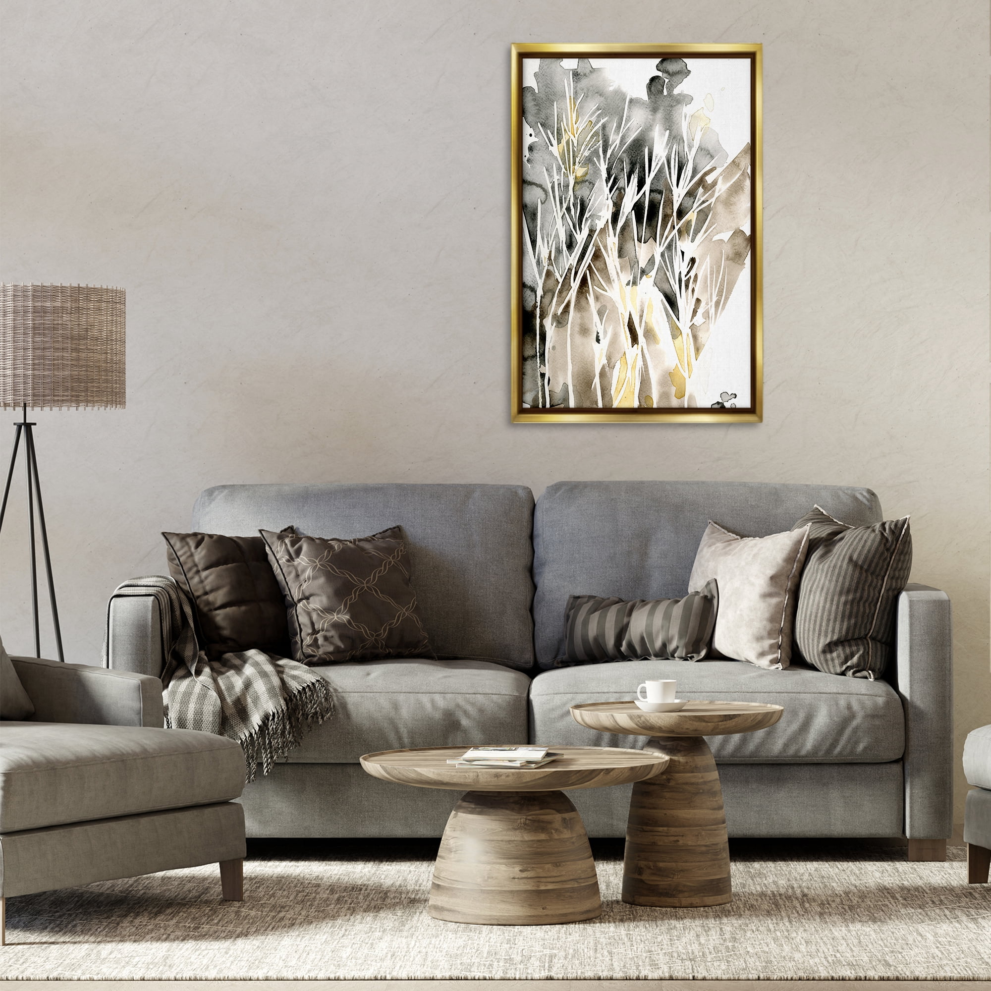 Stupell Industries Abstract Sprigs Watercolor Plants & Flowers Painting Gold Floater Framed Canvas Art Print Wall Art, 21 x 31