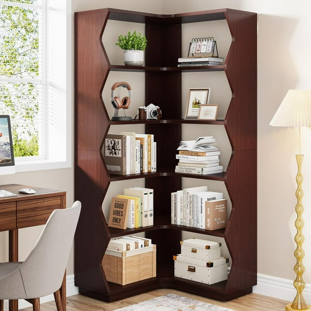 AFLUI 5-Tier Corner Shelf With LED Light & Fabric Drawer – 67" Tall Narrow Bookshelf For Small Spaces, Rustic Brown, For Living Room, Bedroom, Study
