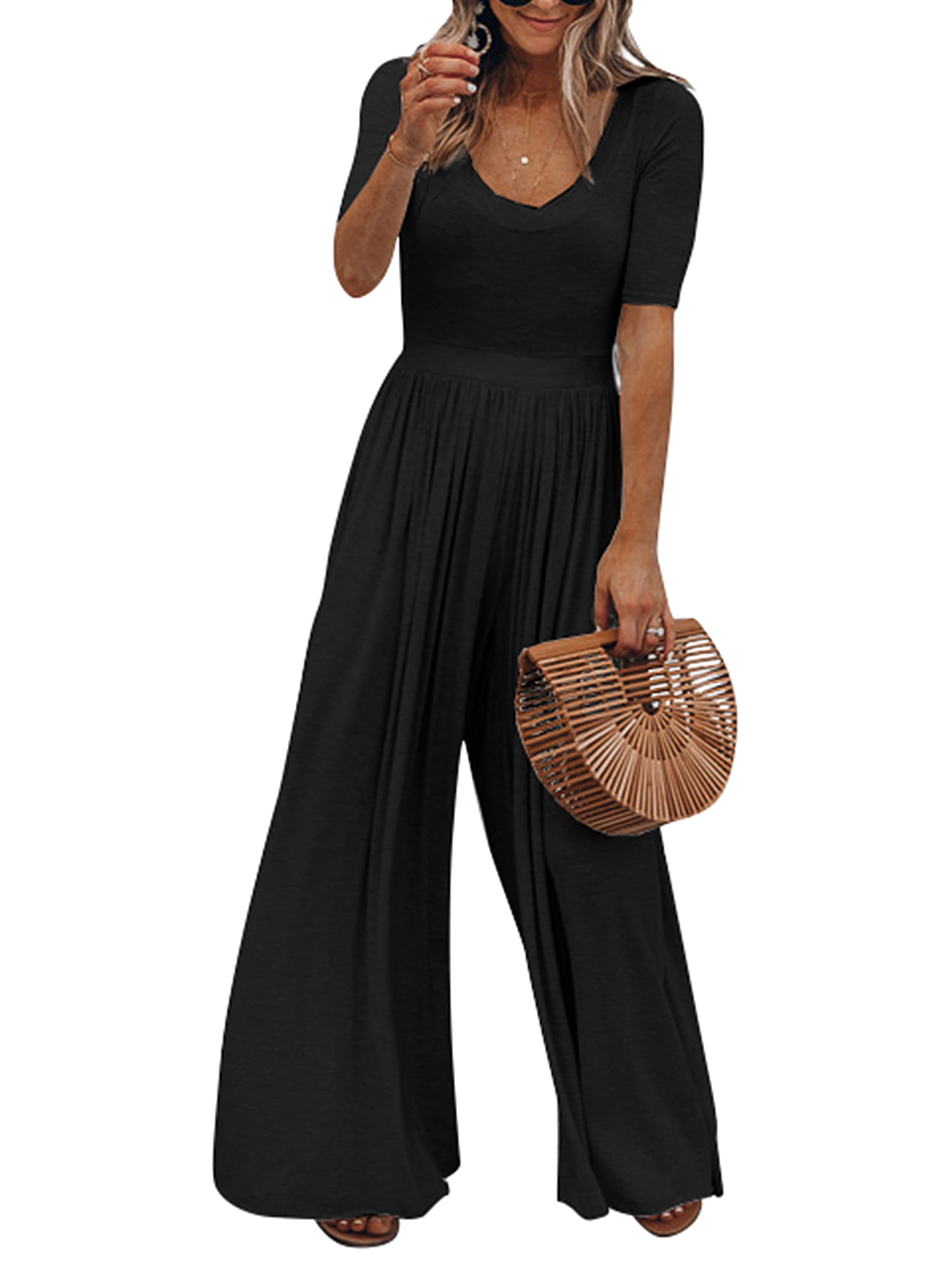 Womens V Neck Wide Leg Jumpsuit Ladies 