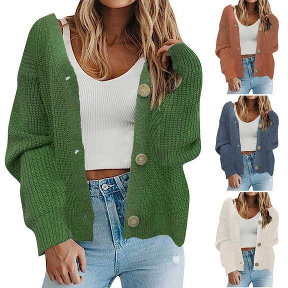 Lovskoo Cardigan Sweaters for Women Open Front Fall Trendy Rounk Neck Long Sleeve Button Blouse Oversized Winter Outerwear Tops Blue